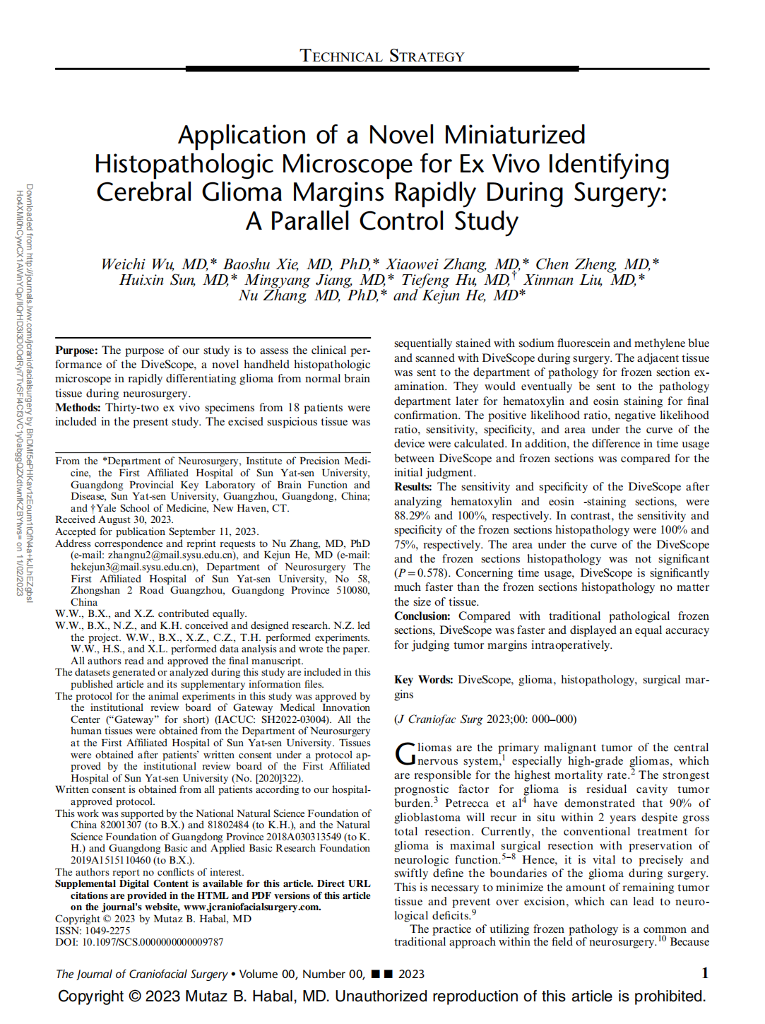 Application of a Novel Miniaturized Histopathologic Microscope for Ex Vivo Identifying Cerebral Glioma Margins Rapidly During Surgery: A Parallel Control Study(图1)