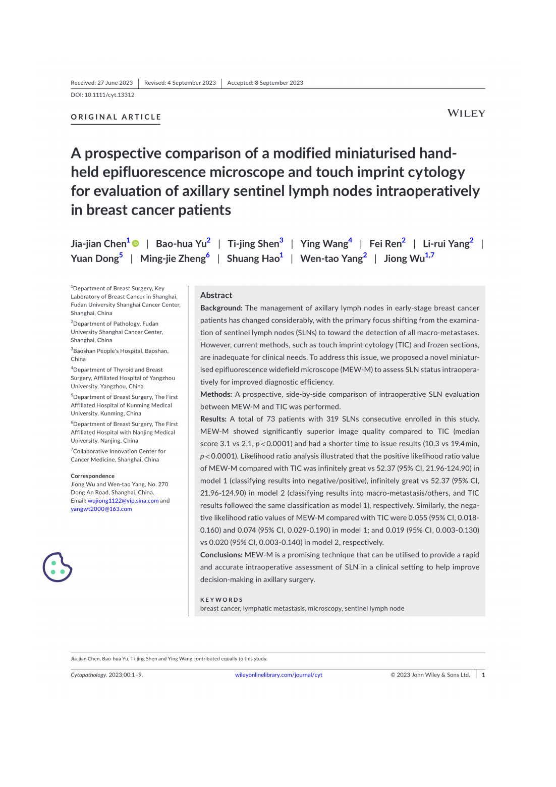 A prospective comparison of a modified miniaturised hand-held epifluorescence microscope and touch imprint cytologyfor evaluation of axillary sentinel lymph nodes intraoperativelyin breast cancer pati(图1)