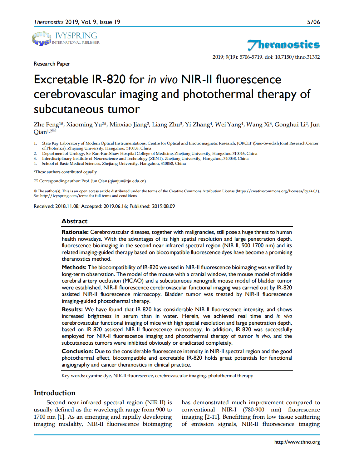 Excretable IR-820 for in vivo NIR-II fluorescence cerebrovascular imaging and photothermal therapy of subcutaneous tumor(图1)